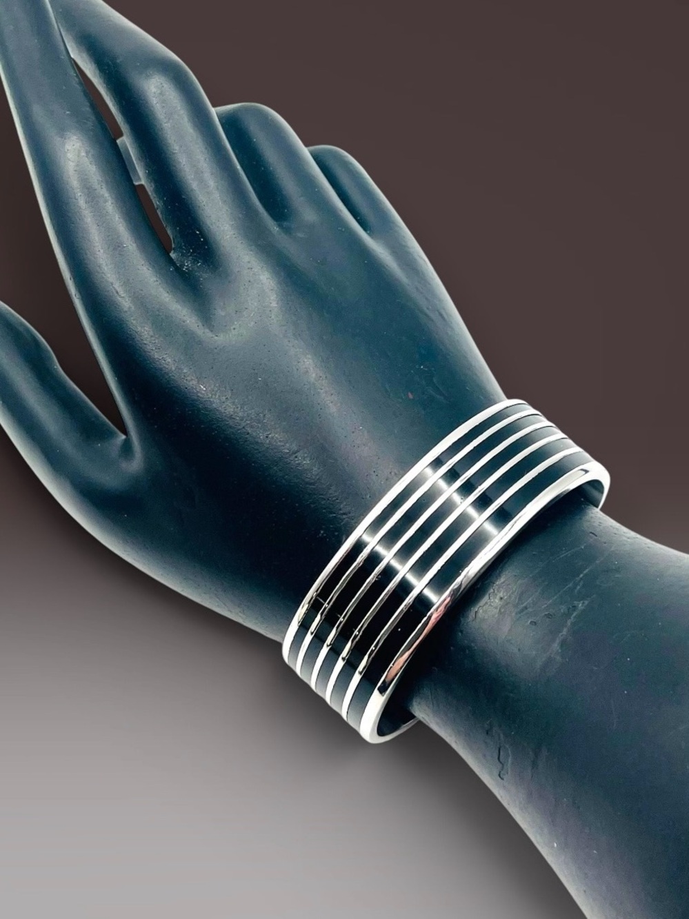 Minimalist Stainless Steel and Black Enamel  Multi Channel Cuff Bracelet Bold